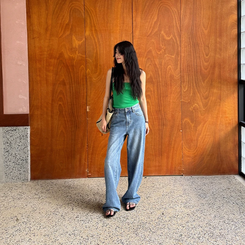 Seyora【蓝屿】泫雅风100%棉高腰宽松阔腿牛仔裤 H34587SY52