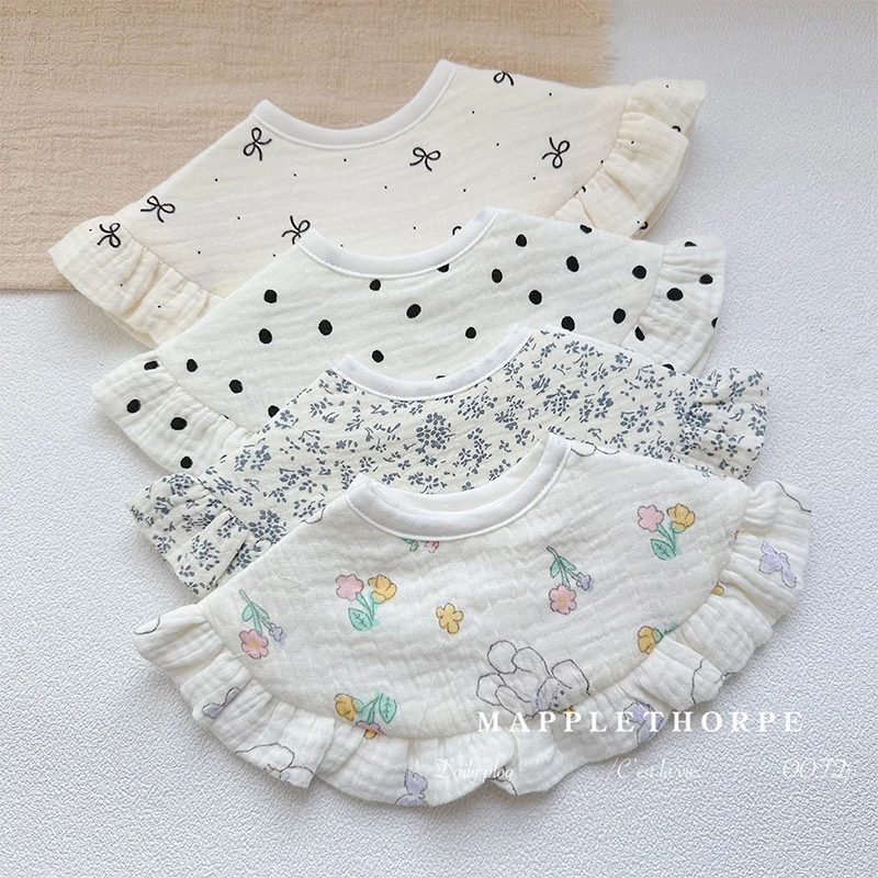 ins纯棉新款宝宝绉纱大披肩花边口水巾公主宫廷风360围兜婴儿围嘴