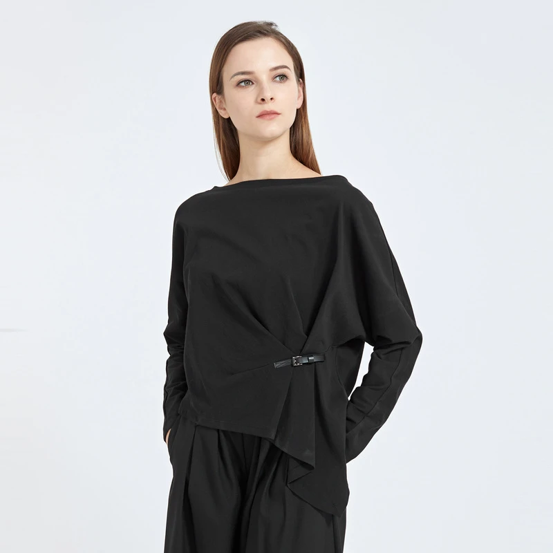 【丽姐专属】圣迪奥百搭休闲圆领堆叠拼接不规则长袖T恤S21180202