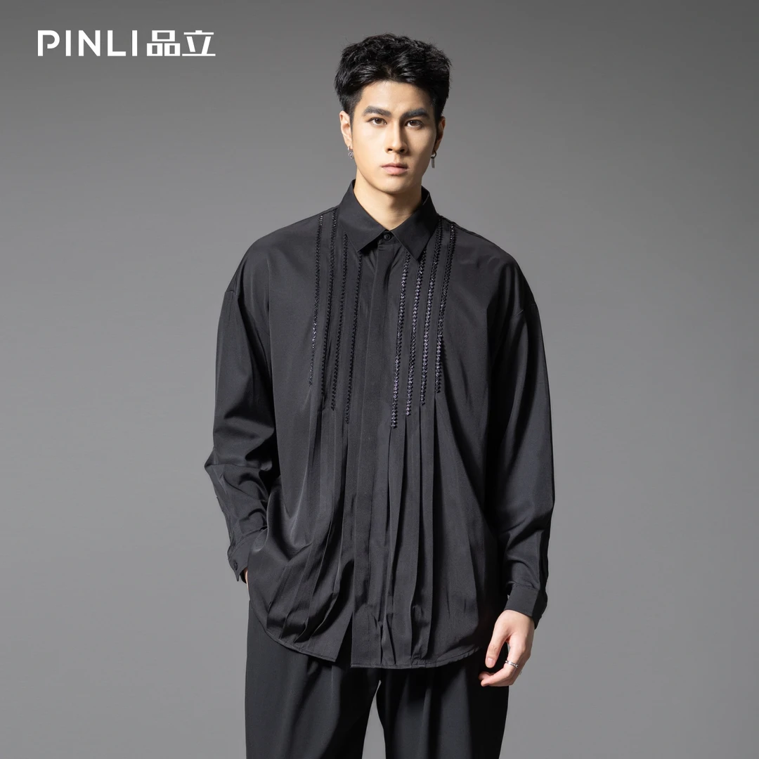 PINLI品立2025秋季新款亮片织带长袖衬衫设计感男士宽松休闲衬衣