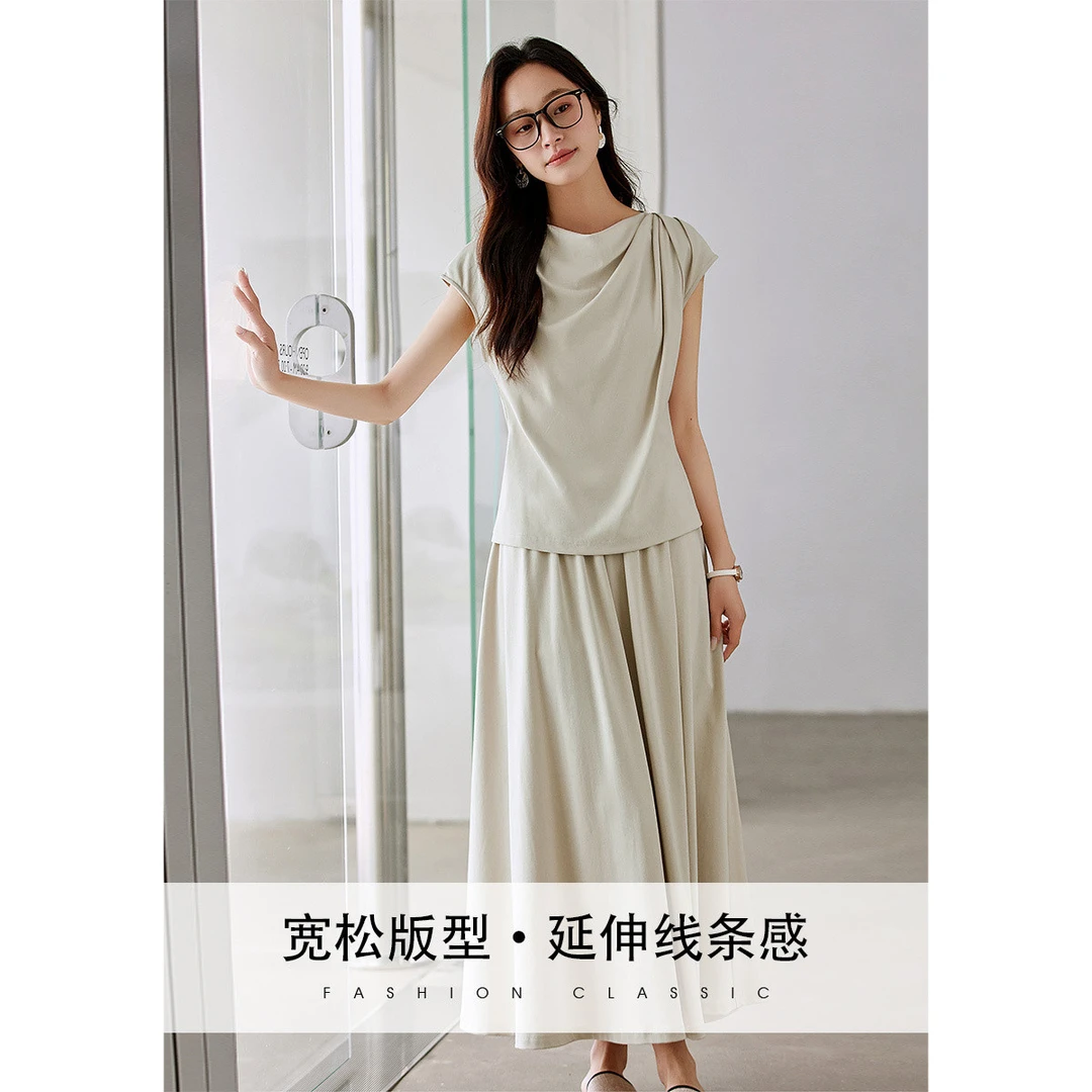 欧昵雪【粉丝专享】DQ696都市高级感荡领T恤半身裙套装