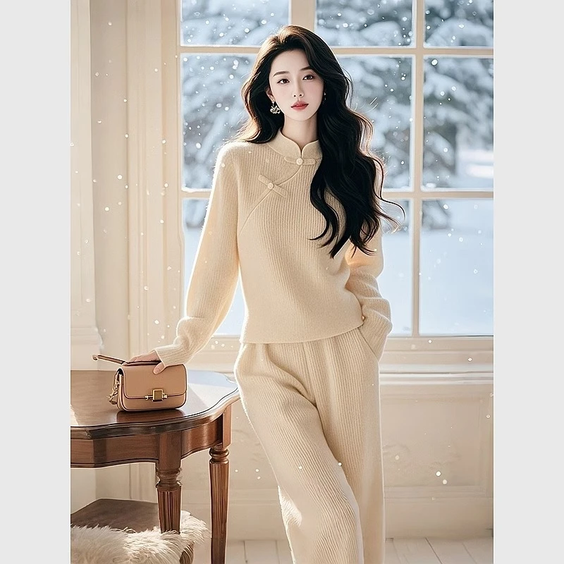 2024冬季爆款新中式女装国风高端时髦洋气白色针织毛衣阔腿裤套装