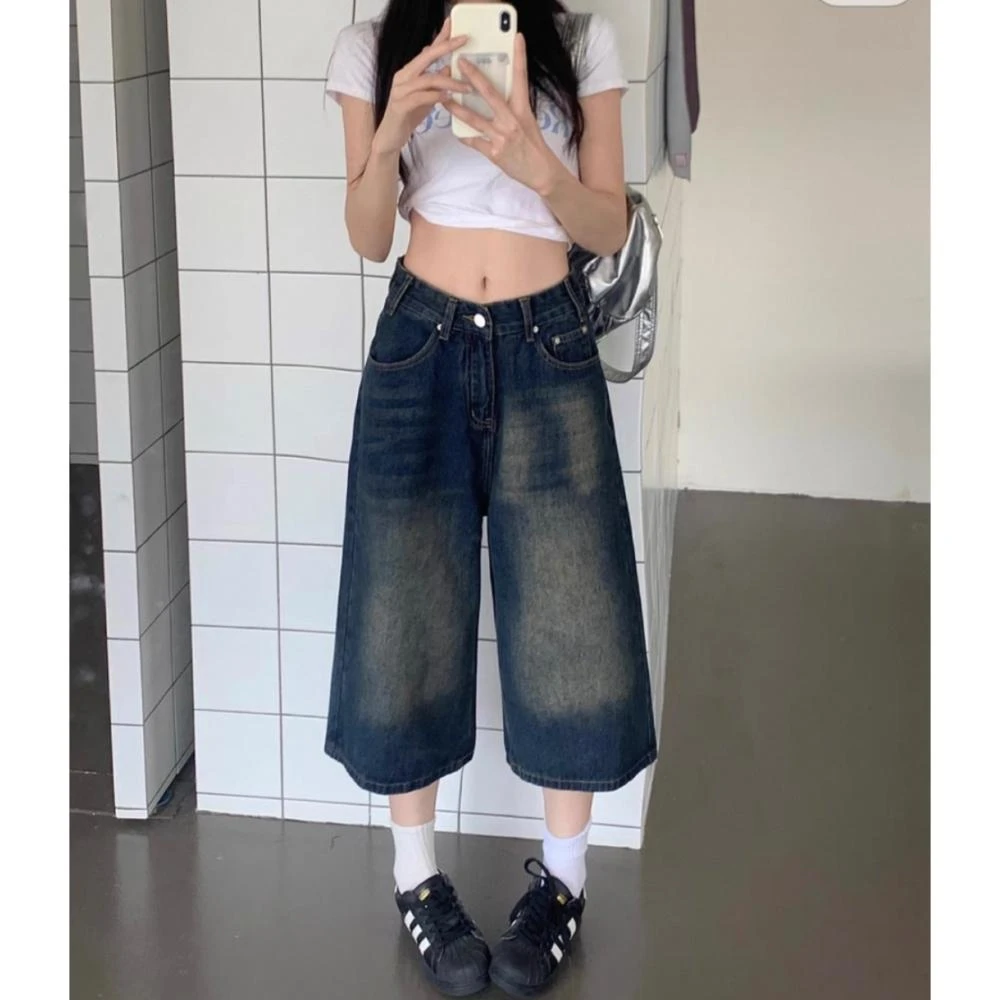 美式复古做旧水洗牛仔裤女2025春季新款设计感阔腿显瘦垂感七分裤