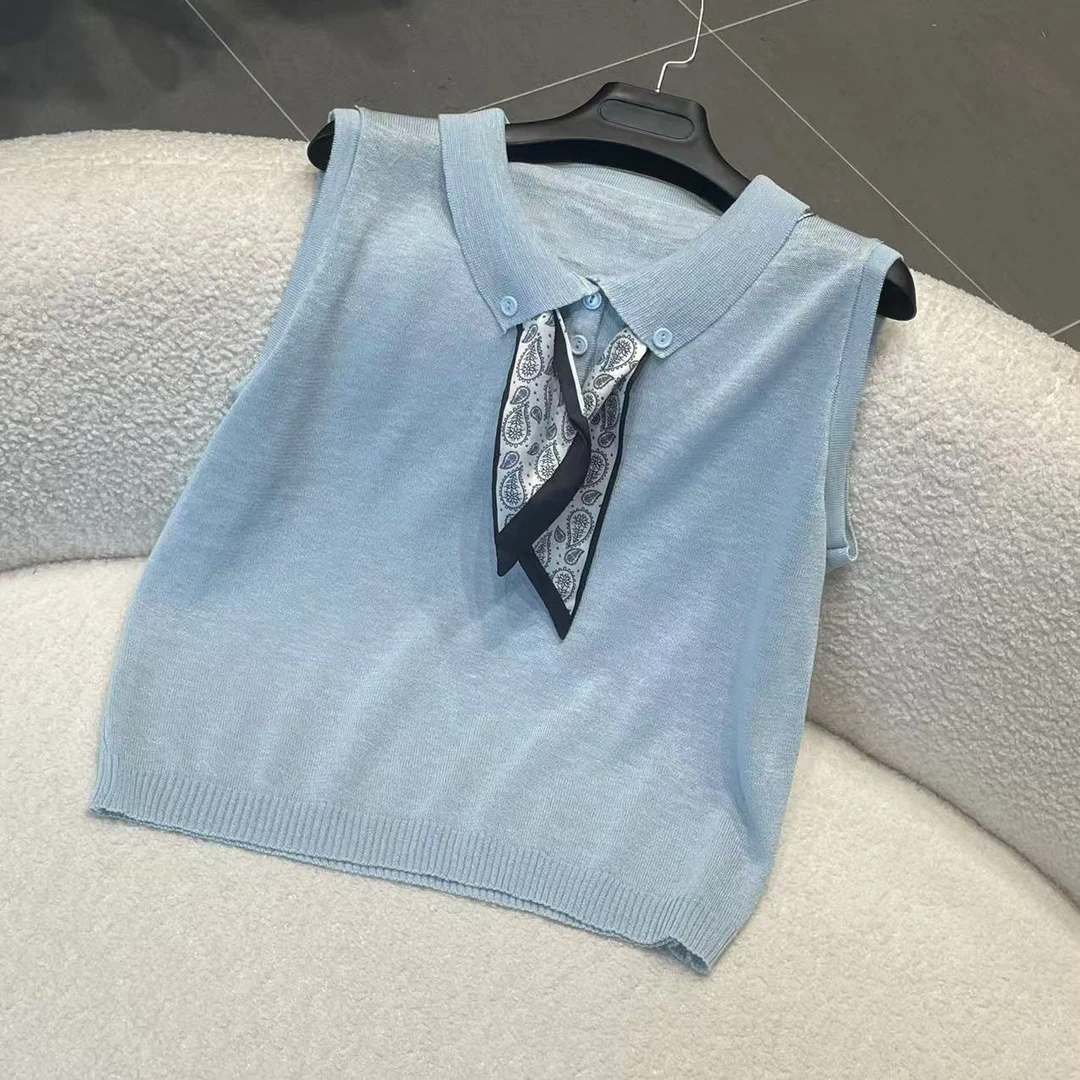 时尚百搭纯色无袖气质丝巾领带针织上衣MZ-55