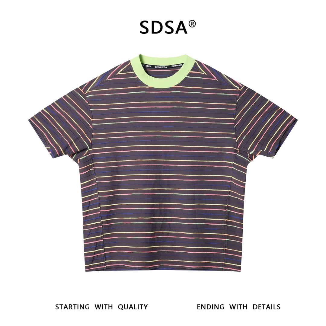 夏季高级感新款美式撞色条纹短袖T恤破坏感设计百搭潮流套头上衣