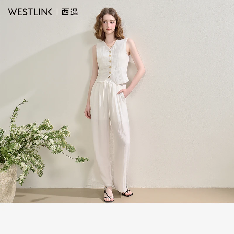 西遇法式气质套装女2025年夏季新款V领无袖背心宽松阔腿裤两件套