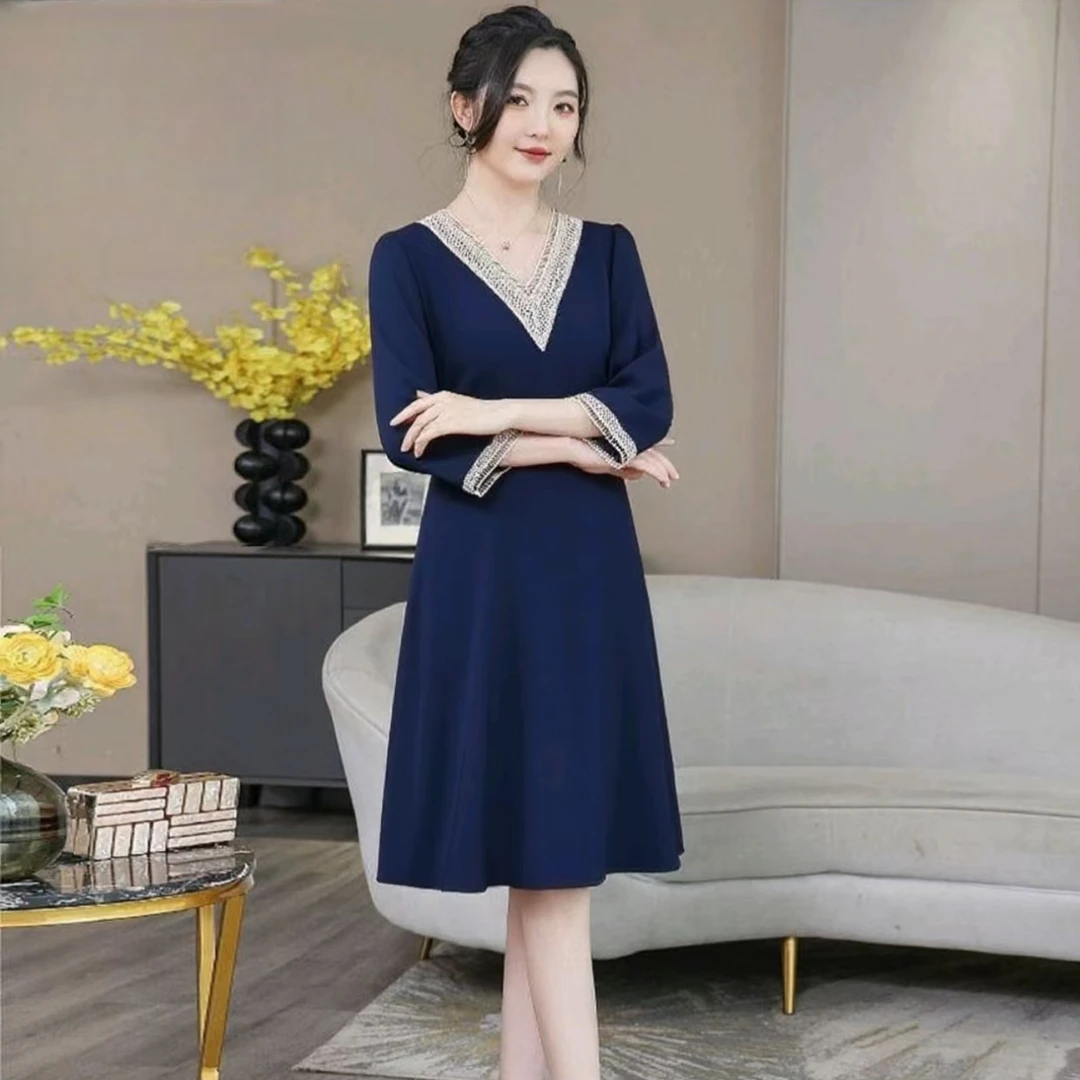 10244-妈妈连衣裙七分长袖中老年新款女士裙子【A仓货架】