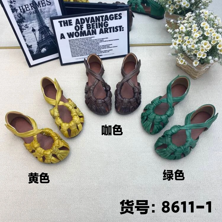 8611-1女擦色皮单鞋鞋子魔术贴圆头编织复古时尚休闲软底时装凉鞋