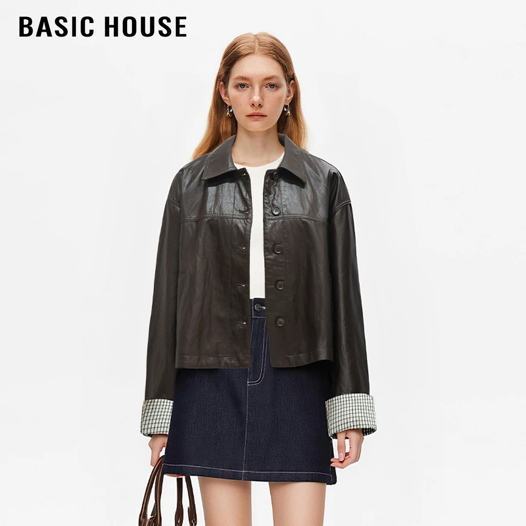 百家好/Basic House格子袖口拼接设计感皮外套女甜酷小众时髦夹克