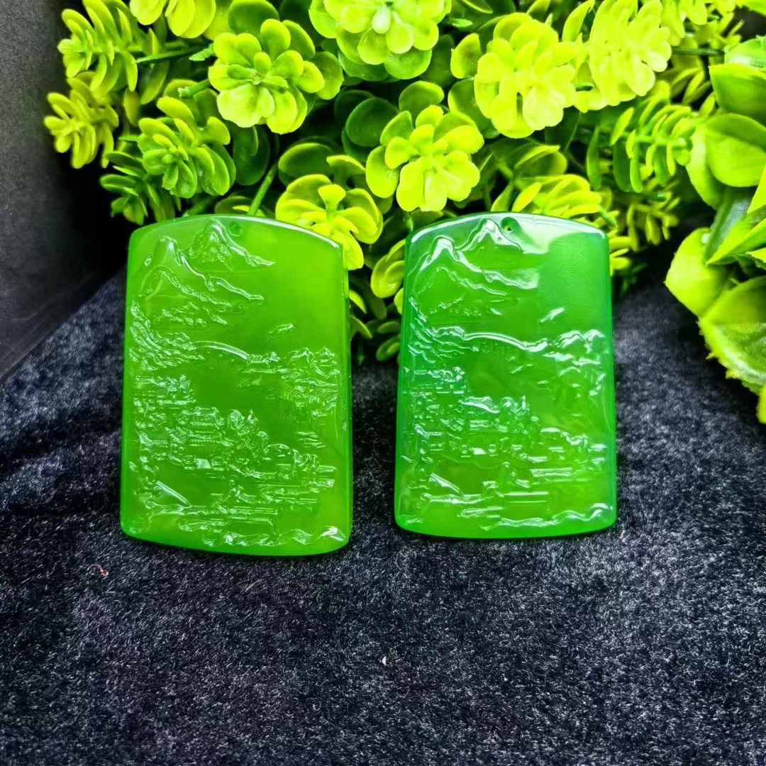 S1975【盛年珠宝】通天玉宗玛瑙绿山水牌吊坠-配珠链-多样性发一件