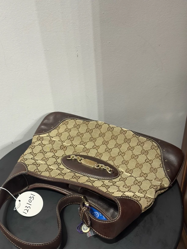 95新 GUCCI/古驰 夏七中古/棕色老花马衔扣/单肩包1231051