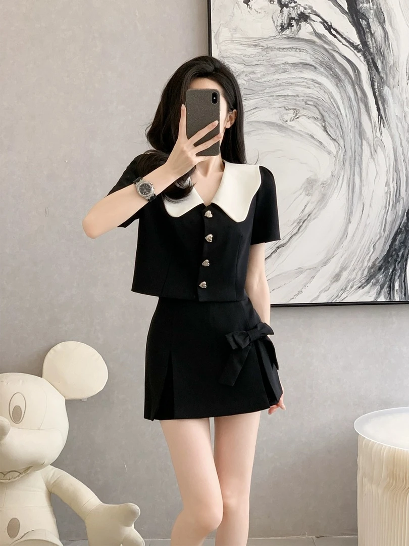 【两件套】小香风娃娃领时尚套装女通勤短款西装上衣高腰半裙D0841