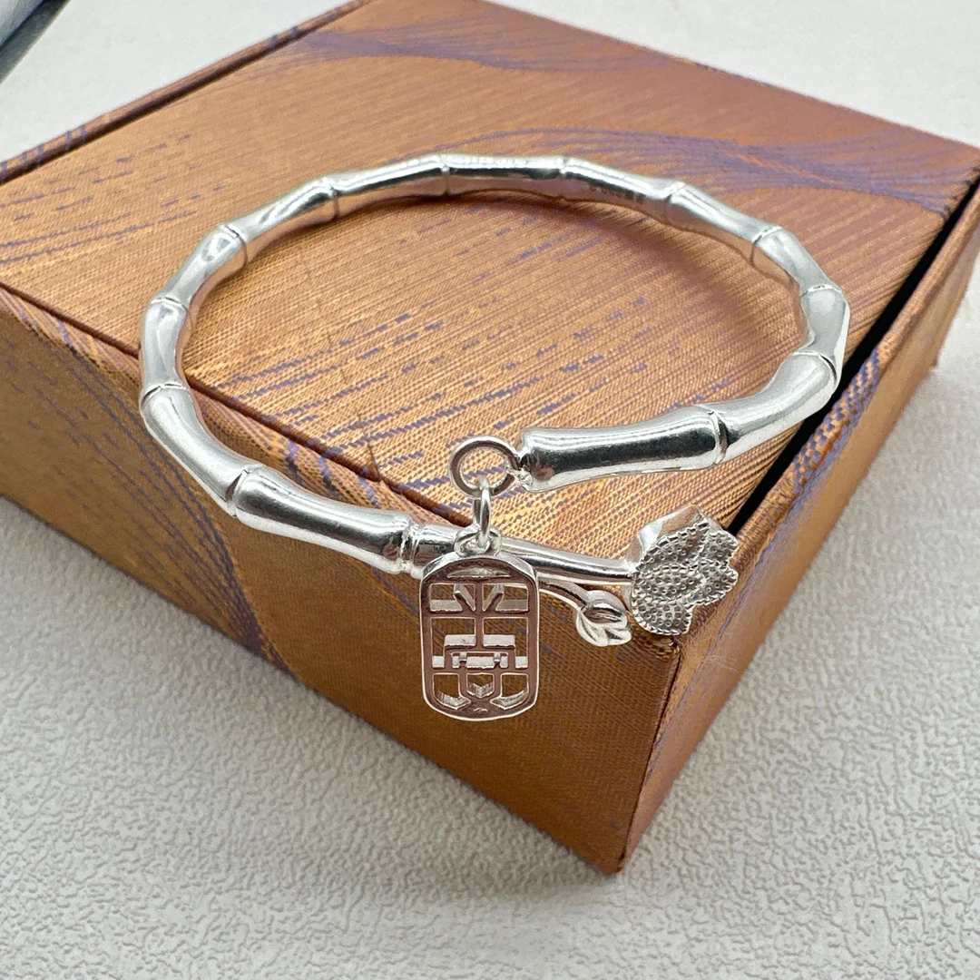 足银手镯 足银999.9手镯 开口竹节莲花复古手工精美素款银镯子