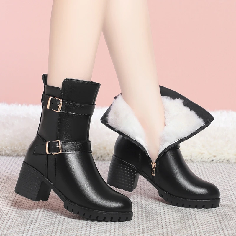 真皮羊毛中筒靴女马丁靴加绒加厚皮带扣拉链厚底高跟粗跟妈妈靴子
