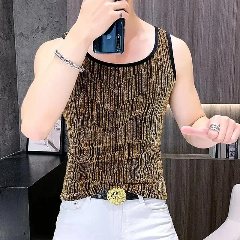 男士个性亮面冰丝背心男夏季坎肩衣服男款痞帅打底无袖t恤男装-W