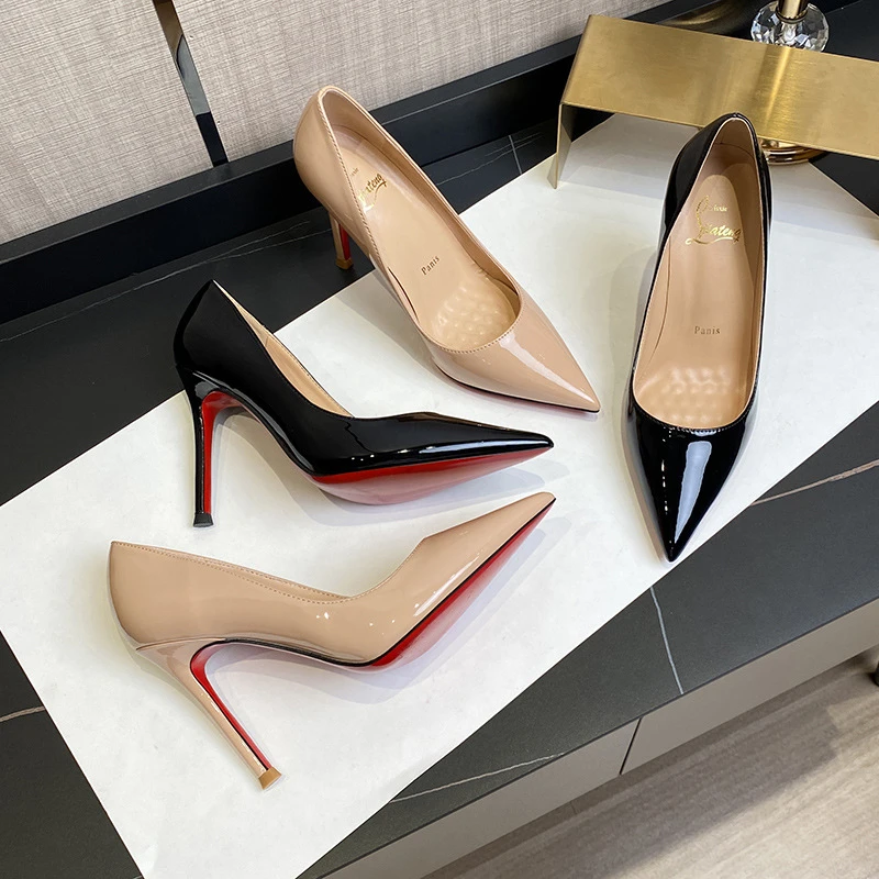 黑色高跟鞋女细跟2025新款气质红底漆皮尖头性感裸色工作浅口单鞋