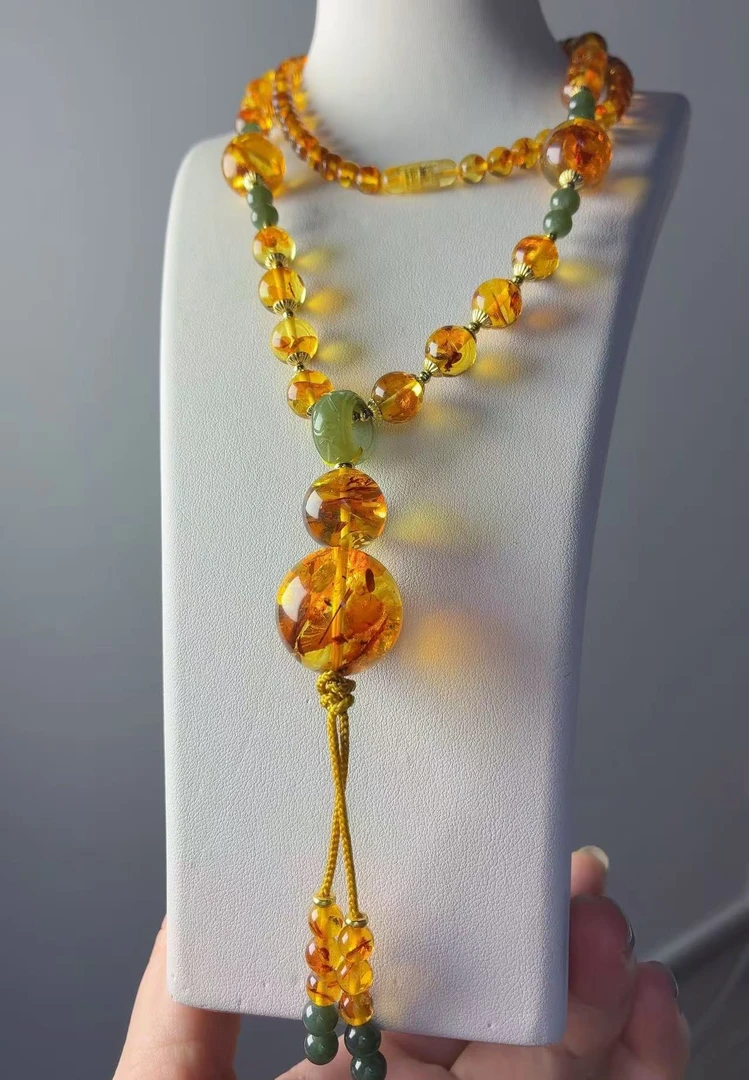 俄罗斯天然花珀葫芦长链 经典时尚百搭精美长毛衣链 满金花琥珀链