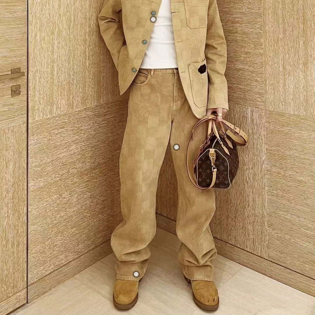 未使用 LouisVuitton/路易威登 yy 卡其色棋盘牛仔裤 34码 013832