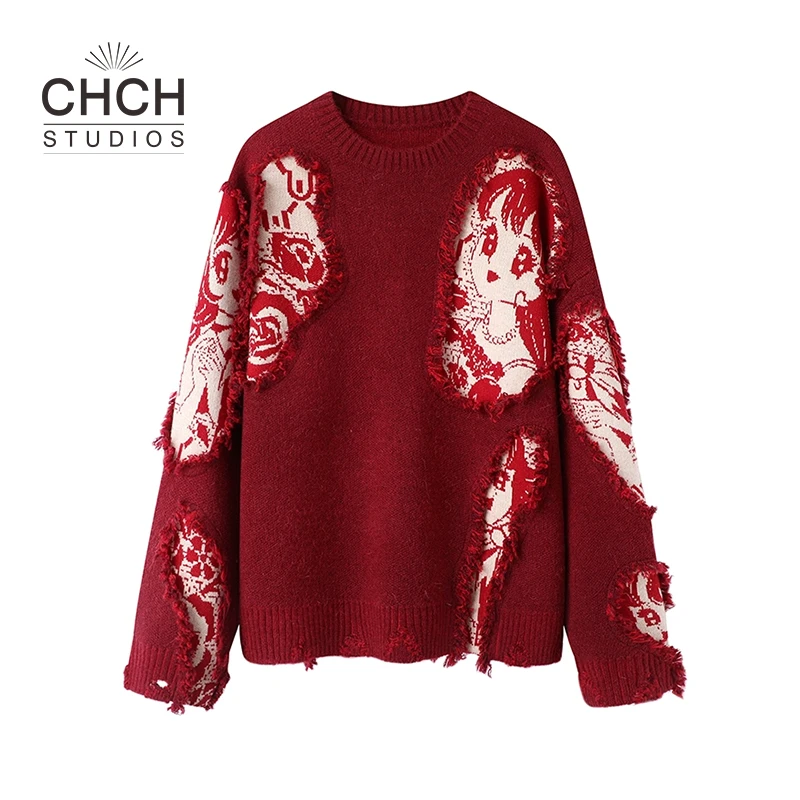 RAQZZ12427秋冬新款俏皮年画美少女缝缝补补套头针织衫女款