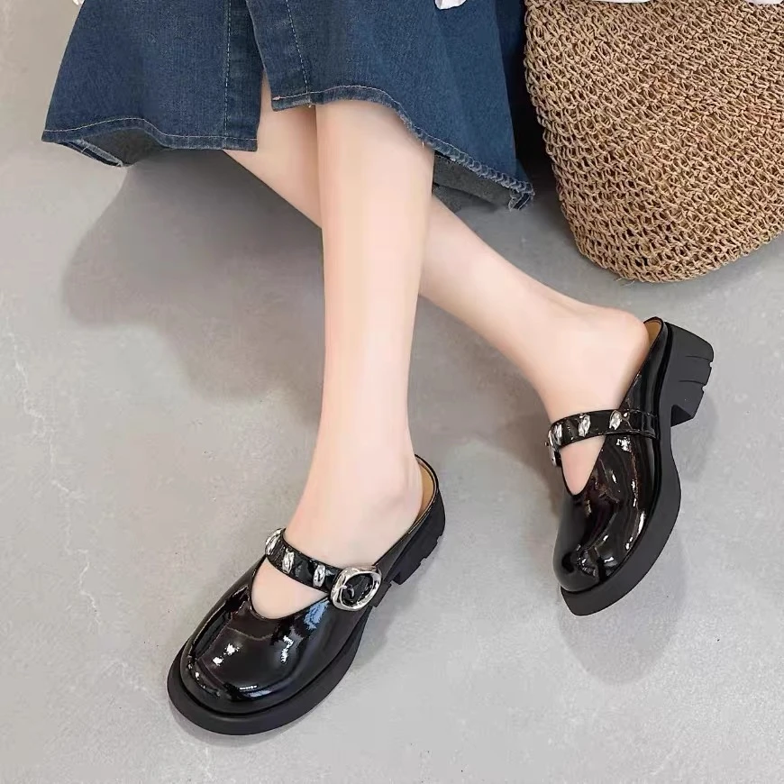 C6737 黑色  低跟包头拖鞋女2025新款时尚凉拖鞋