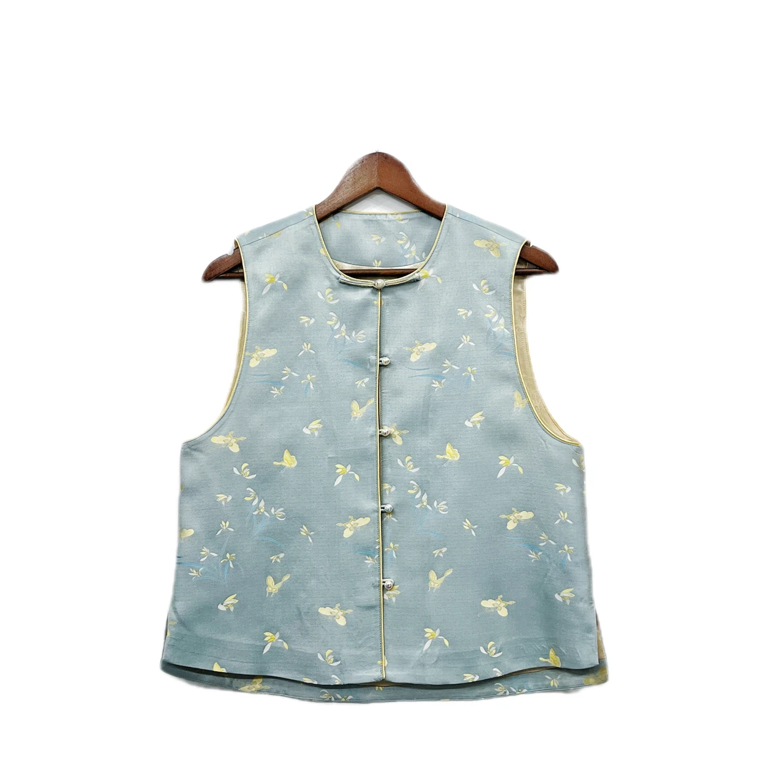 【蝴蝶兰花】陆美英新款宋锦马甲圆领对襟珍珠扣国风时尚中式马夹