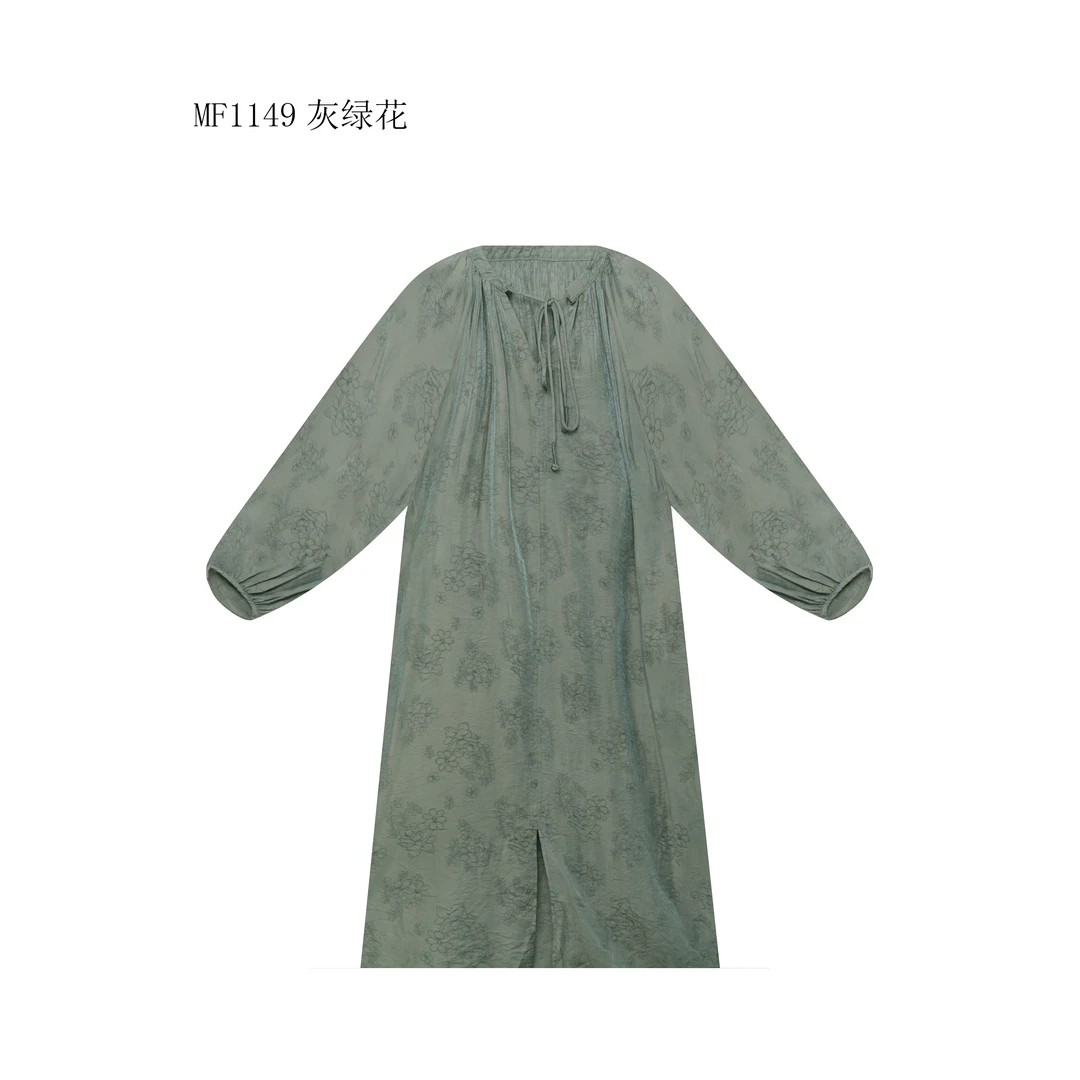 【麻訪家】MF1149灰绿花文艺法式慵懒宽松休闲百搭连衣裙