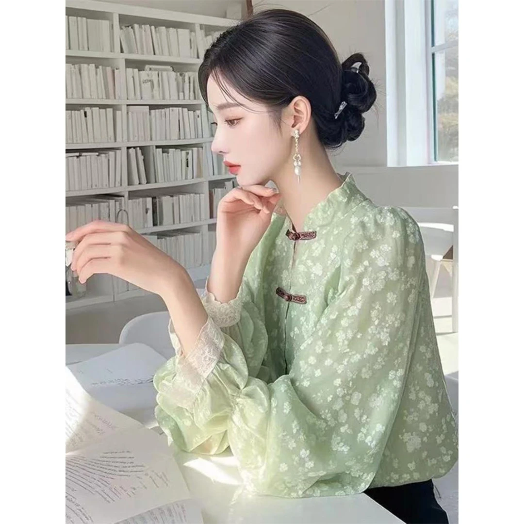 新中式气质盘扣碎花长袖衬衫女装2025春季新款超好看上衣