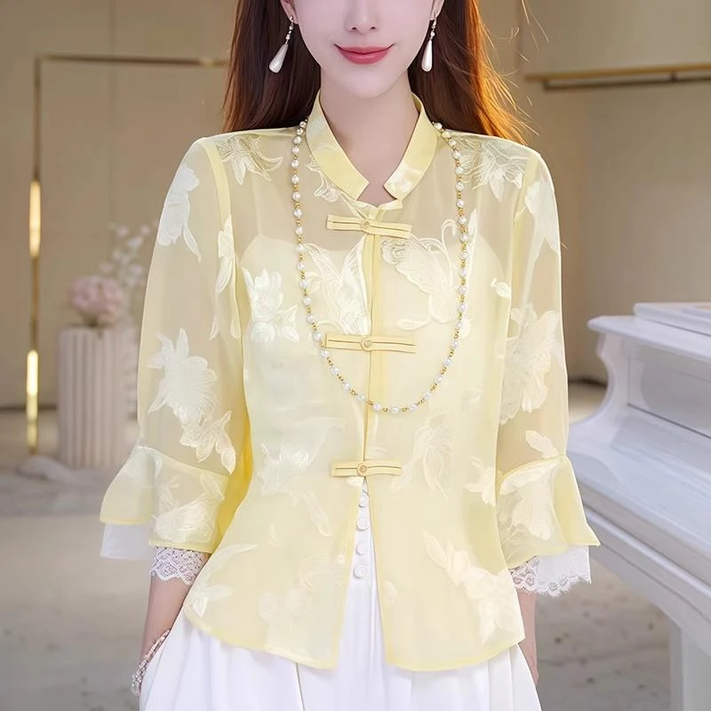 新中式盘扣复古改良时尚防晒衣夏季通勤透气绣花上衣国风立领衬衣