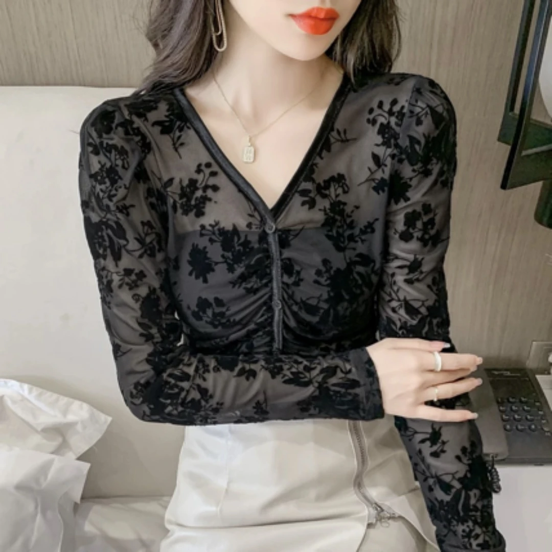 法式泡泡袖网纱T恤2025早春新款百搭修身显瘦打底衫女长袖V领上衣