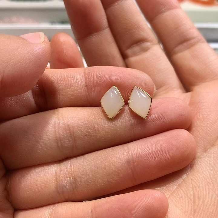 银S925镶嵌和田玉（白玉）耳饰