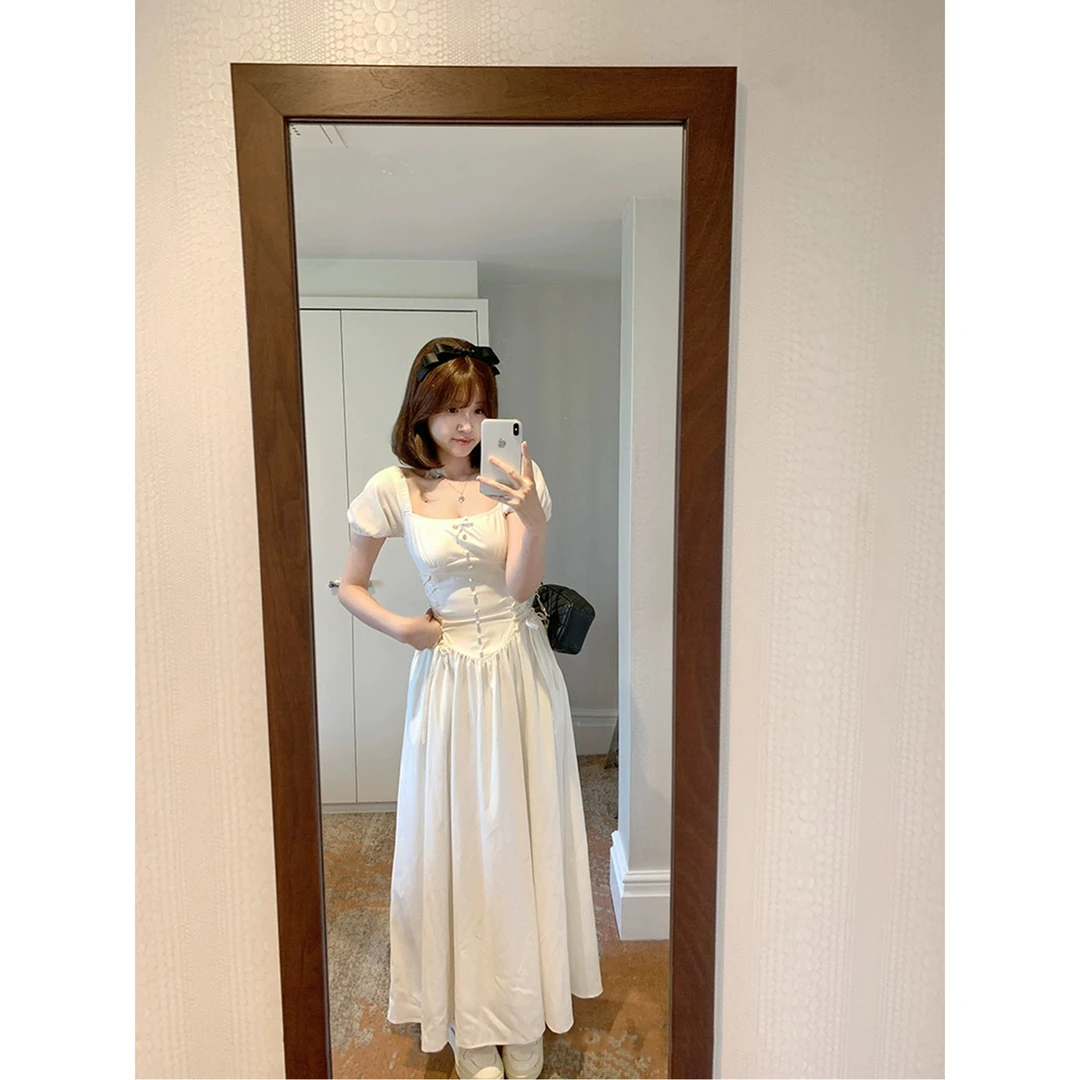 【晴岛桔梗】设计感绑带收腰吊带裙夏季长款A字连衣裙LC 8865#