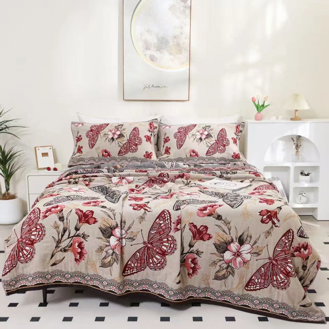 150*200 粉色蝶海 纯棉 咖色 高端系列 盖毯