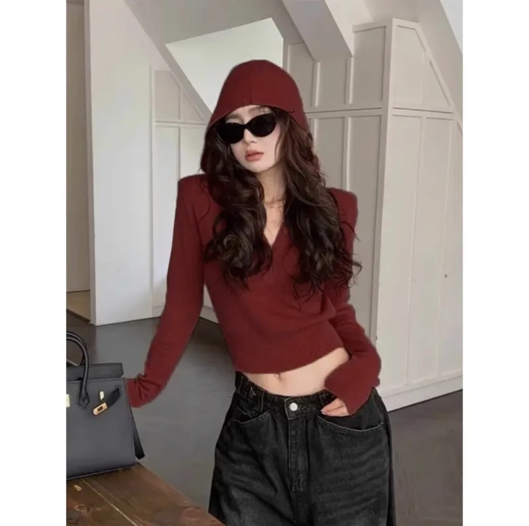 性感小女人时尚连帽针织打底衫女初秋修身短款毛衣卫衣设计感
