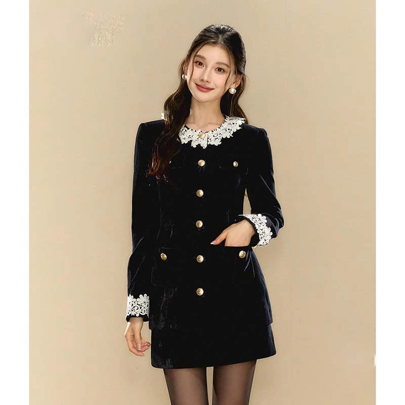 【两件套】法式小香千金风黑色外套女2025春秋撞色上衣套装HY0035