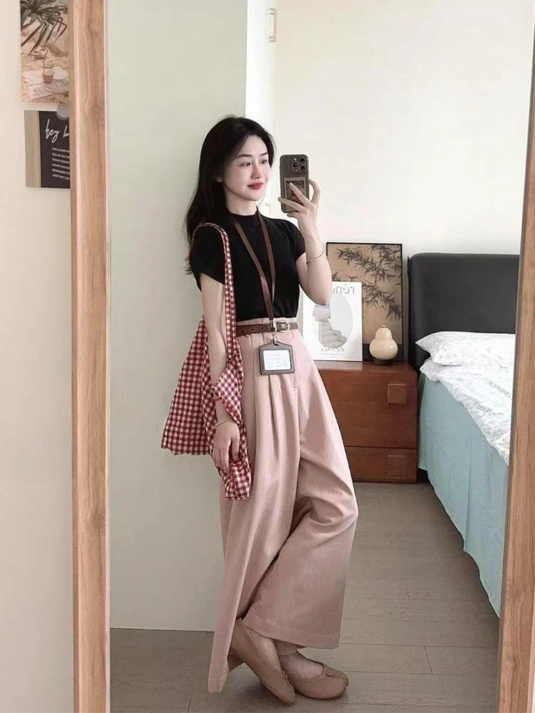 夏日ootd穿搭一整套2025黑色百搭短袖上衣高腰阔腿裤休闲两件套女