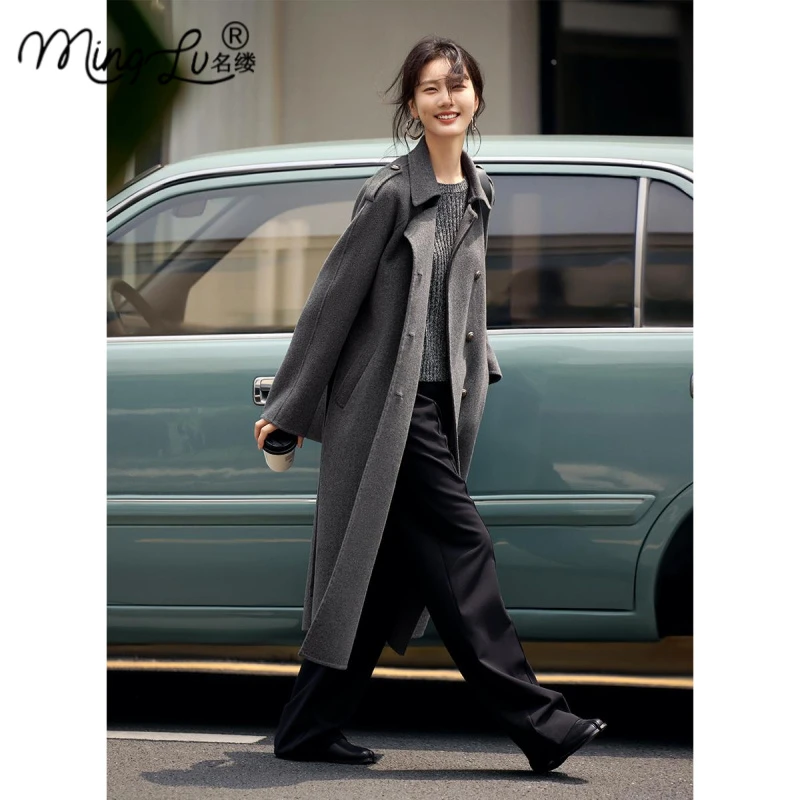 时尚百搭风衣式绵呢子大衣女2025秋冬韩版高级感双排扣毛呢外套