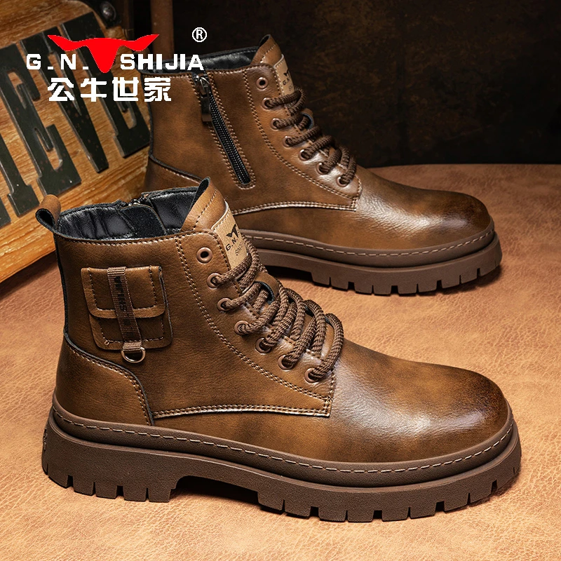 公牛世家冬季马丁靴英伦风工装靴户外休闲鞋厚底加绒棉鞋秋冬高帮