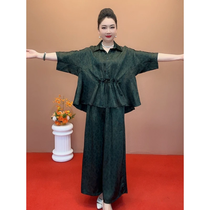 大码洋气夏季新款休闲套装减龄胖mm宽松中袖上衣阔腿裤休闲两件套