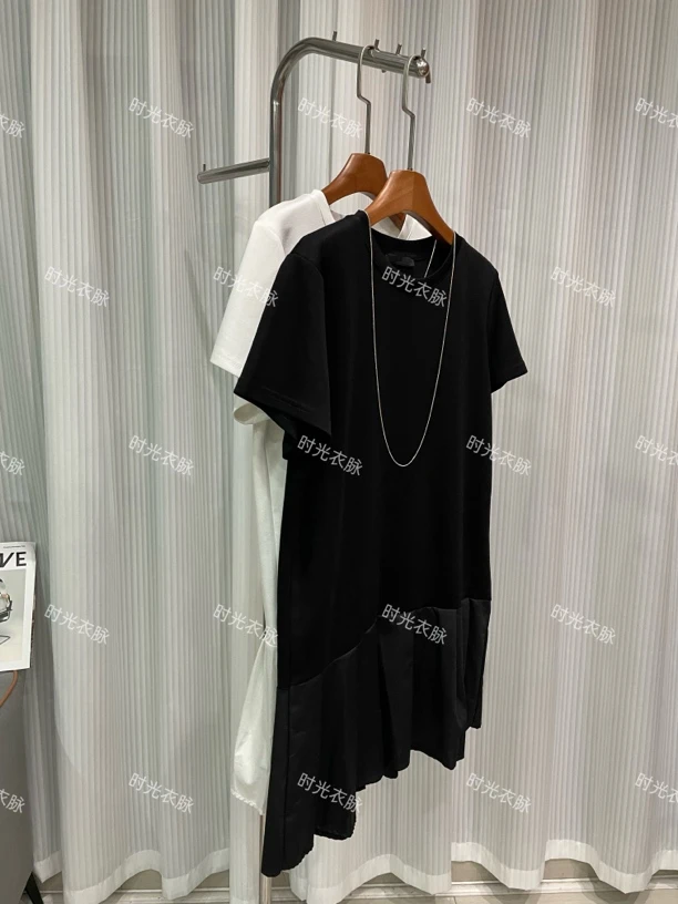 设计感拼接2025连衣裙宽松显瘦休闲简约黑色短袖夏季百搭圆领短袖