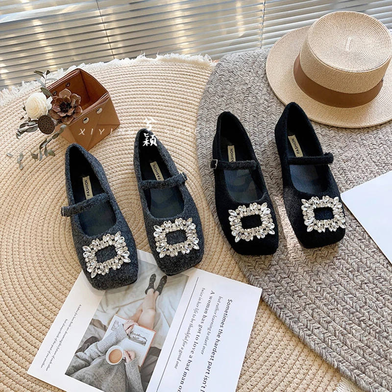 浅口水钻时尚平底女鞋玛丽珍配裙子瓢鞋单鞋女方头小香风豆豆鞋女