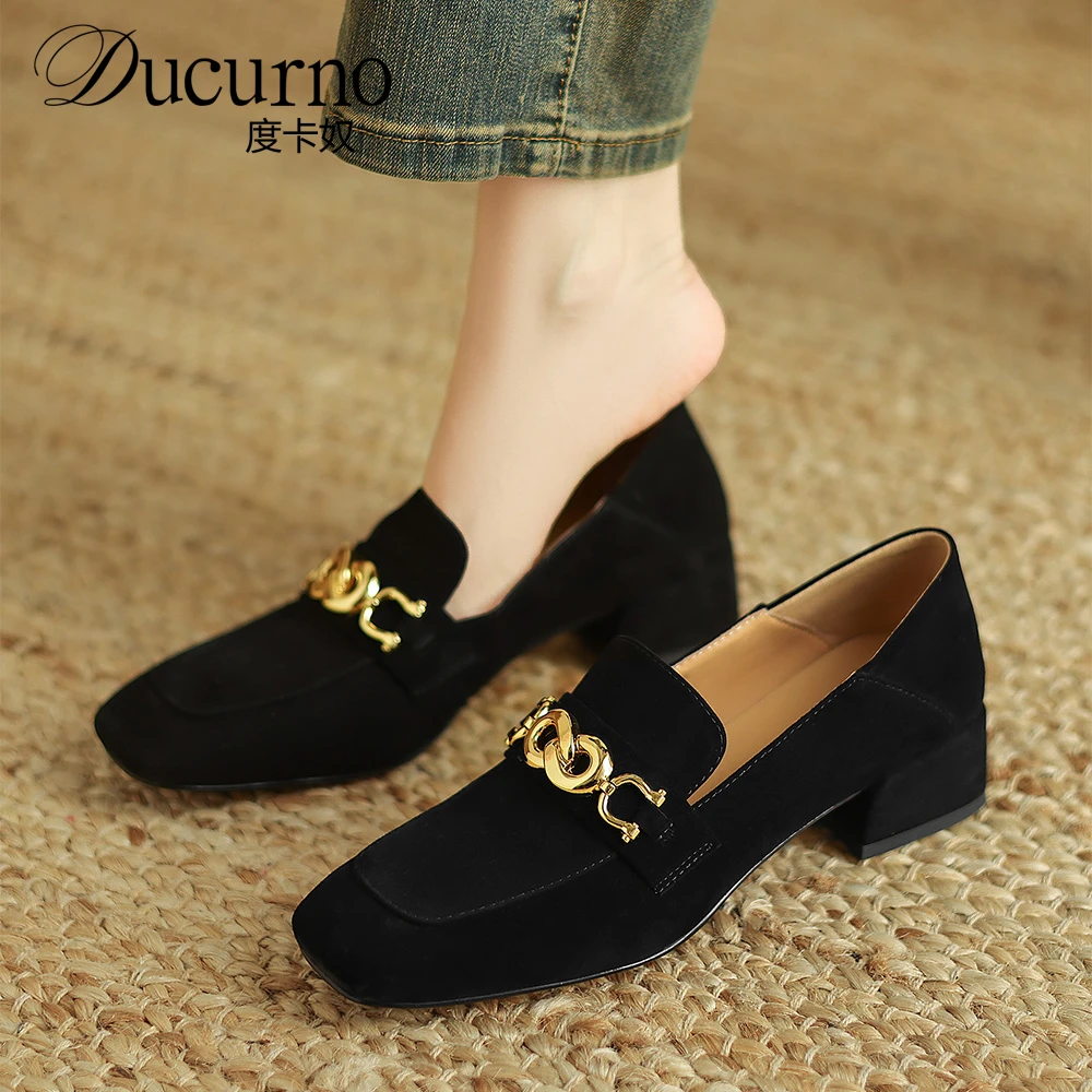 DUCURNO复古羊翻皮方头乐福鞋女加绒粗跟深口单鞋马衔扣通勤鞋子
