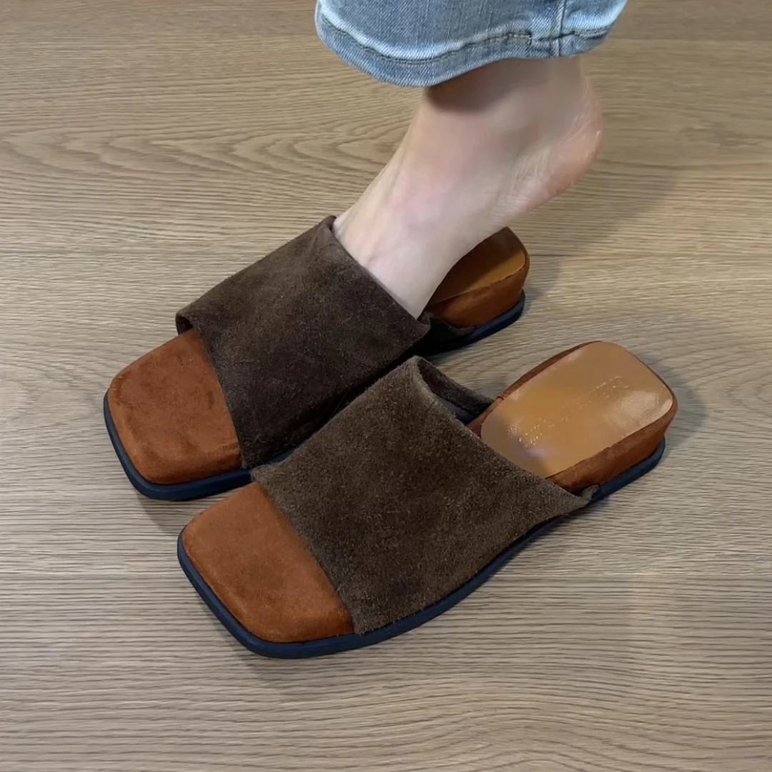 2025年夏季新款真皮厚底半拖女鞋外穿休闲款软皮软底方头露趾拖鞋