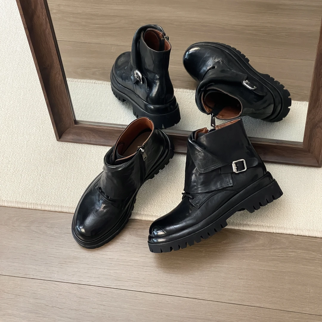 HUSSLOVE 头层牛皮·跟高5CM·复古酷帅水洗高级油蜡皮厚底马丁靴