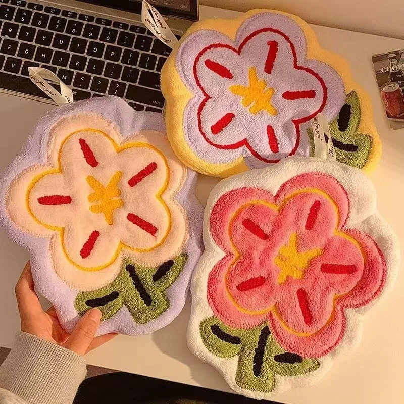 有钱花可爱花朵擦手巾挂式加厚刺绣吸水速干浴室厨房手帕毛巾