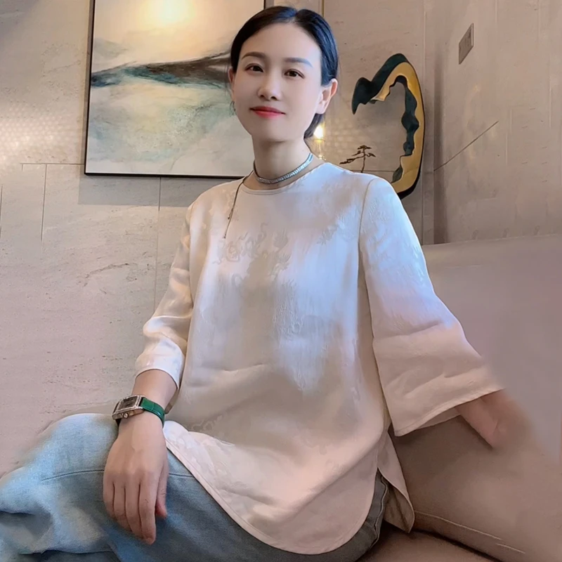 诺谰 高档醋酸夏季修身百搭上衣醋酸短袖圆领T恤气质简约T恤25003