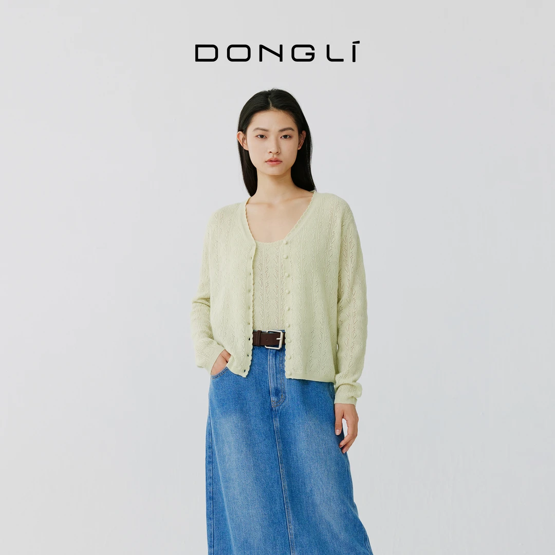 东黎 山羊绒 托斯卡纳-浮浮花开 女士针织蕾丝边V领白色开衫5145