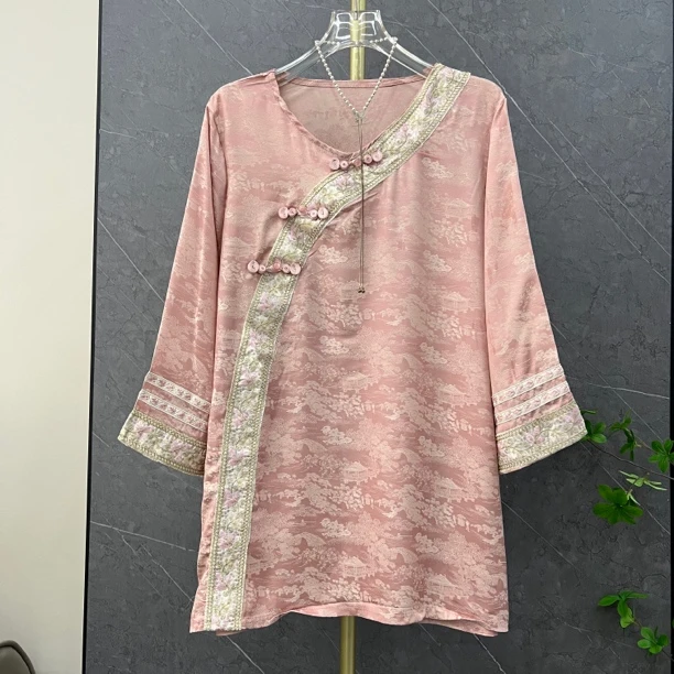 春秋新款大码女装新中式拼接提花上衣时尚百搭国风