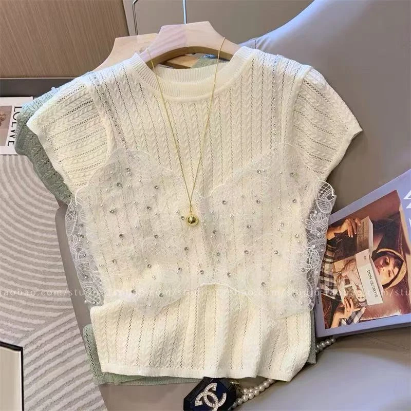 【AMANLIN专属】设计感重工镂空钉珠吊带短袖女夏季时尚针织两件套