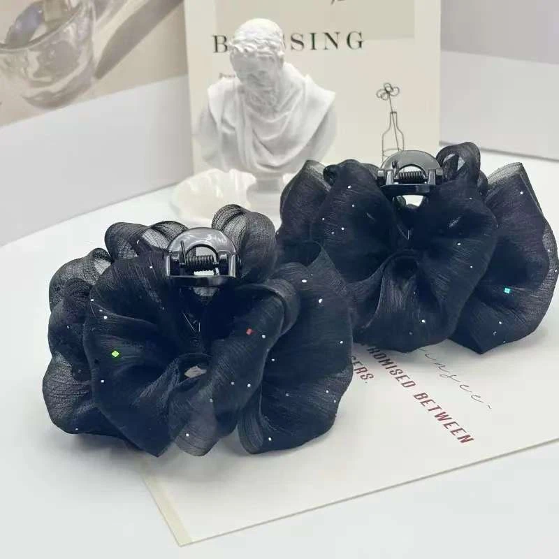 2025新款洒金波点泡泡抓夹女网纱发夹后脑勺高级感鲨鱼夹百搭