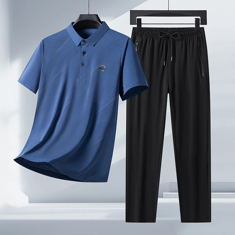 2025新款冰丝短袖polo衫T恤套装夏季两件套男士套装